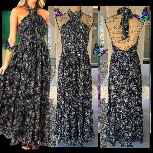 Petal & Pup Pleated Halter Black Floral Backless Lennon Maxi Dress Size M - Picture 1 of 12